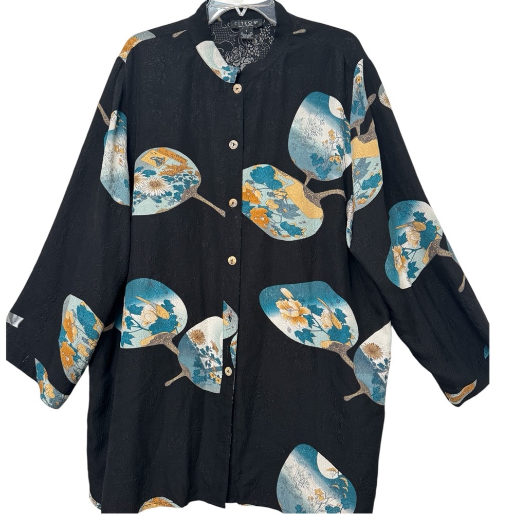 Citron Black Floral Fan Print Button-Up Top